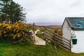 Side of a small house with e way through a field