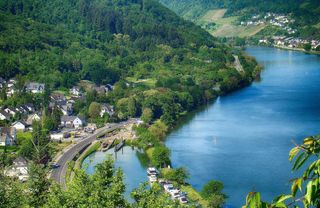 Blick auf einen kleinen Dorfhafen entlang der Mosel.