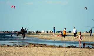 Strand mit spielenden Kindern, Kitern und anderen Personen. 